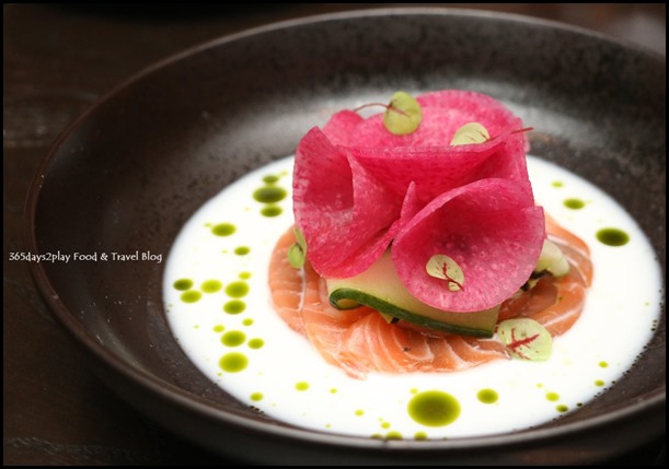 The Disgruntled Brasserie - Home Cured Salmon (Horseradish buttermilk, pickled cucumber, marinated avocadoes) $16  