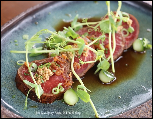 LeVeL33 - Beef Tataki (Argentinian tenderloin, served rare, pickled mustard seeds, cucumber, Level33 XO sauce) $24 (1)