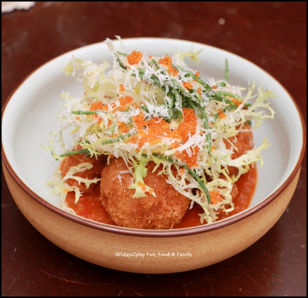 Antoinette - Chilli Crab Arancini with sea asparagus salad and chinese bun $16