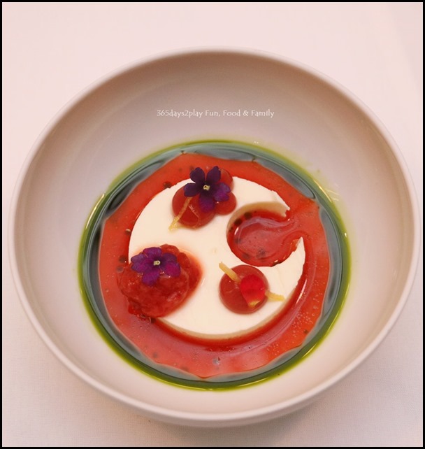 Fisk - Sour Cream Mousse (strawberry consomme, preserved lemon, basil oil)