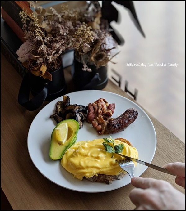 Hei Kim Cafe - Breakfast plate with scrambled eggs, grilled sausage, bacon, mushrooms and avocado $17 (2)